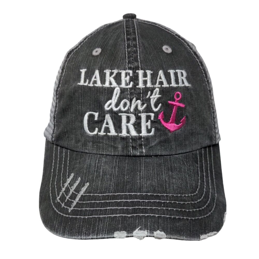 Lake Hair Don't Care Strapback Trucker Hat Gray OSFA Mesh Back Distressed